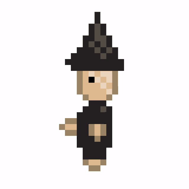 a pixel art of a witch wearing a black hat