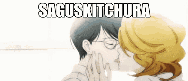 a picture of two people kissing with the words saguskitchura above them