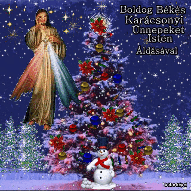 a picture of jesus and a christmas tree with the words boldog bekes karacsonyi unnepeke isten
