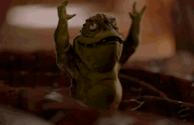 a close up of a frog with its arms up in the air