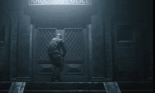 a raccoon police sign hangs above a man in a dark room