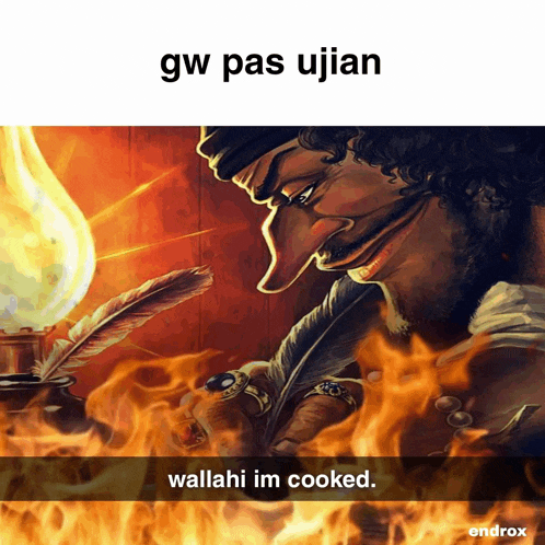 a painting of a man with a feather in his hand and the caption gw pas ujian wallahi im cooked