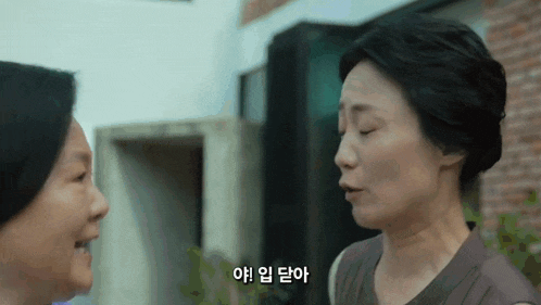 two women are talking to each other and one of them has a foreign language written on her face