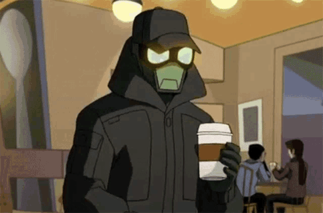 a cartoon character holding a cup of coffee in a cafe