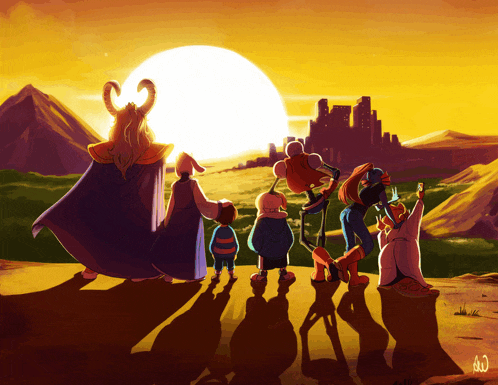 a group of cartoon characters are standing in front of a castle at sunset