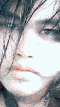 a close up of a woman 's face with long hair .