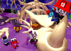 a group of cartoon characters are standing around a large skull with the number 13 on it .