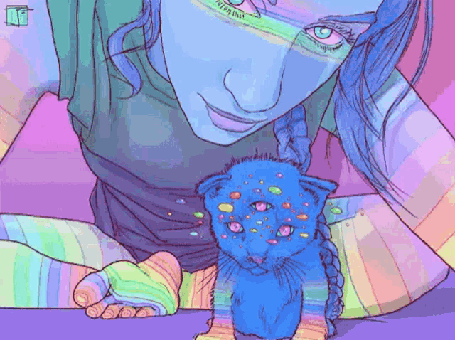 a drawing of a woman holding a blue cat with rainbow colored eyes