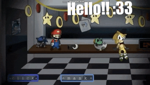 a video game with a checkered floor and the words hello 3:33