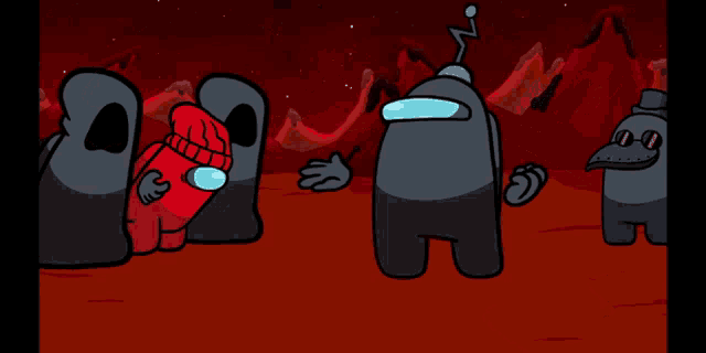 among us characters are standing next to each other on a red planet