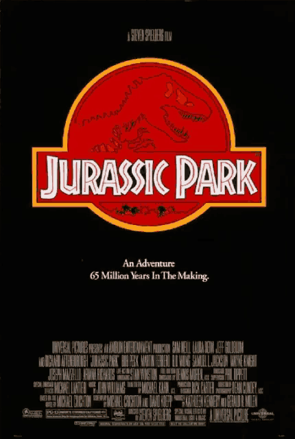 a movie poster for jurassic park shows a dinosaur on it