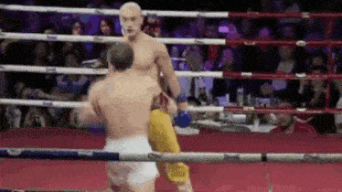 two men are fighting in a boxing ring with a crowd in the background .