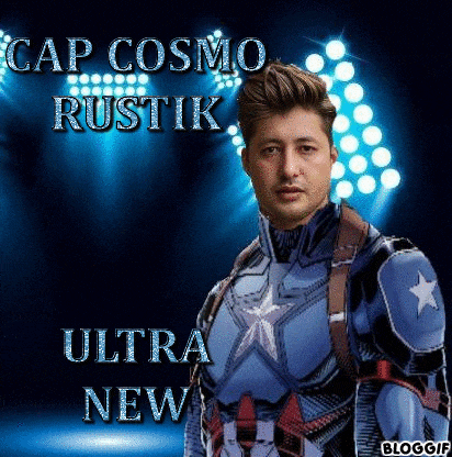 a man in a captain america costume is standing in front of a blue background with lights .