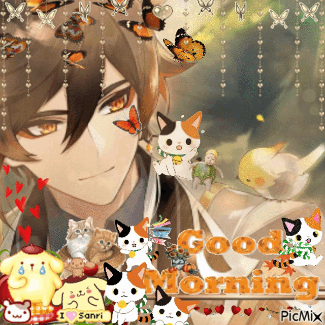 a picture of a man surrounded by cats and butterflies with the caption good morning