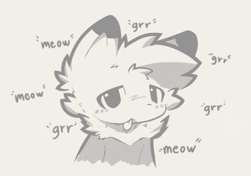 a black and white drawing of a cat with the word meow around it