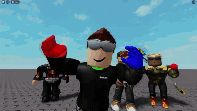 a roblox character wearing sunglasses and a red bull shirt