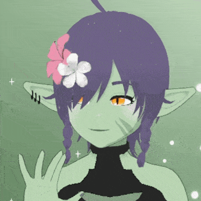 a cartoon girl with purple hair and a flower in her hair