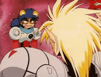 a group of cartoon characters are standing next to each other and one of them is wearing a robot suit .