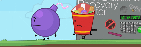 a purple bomb is standing next to a red bucket with easter eggs in it