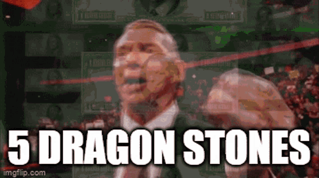 a man in a suit and tie is pointing with the words 5 dragon stones above him