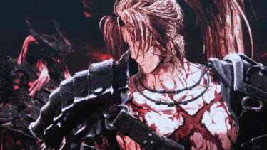 a man with blood coming out of his chest is wearing a black armor