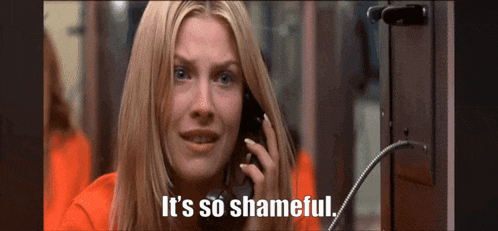 a woman talking on a phone with the words " it 's so shameful " above her