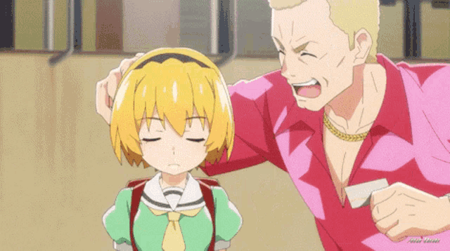 a man in a pink shirt is standing next to a girl with closed eyes
