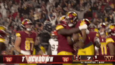 a football game is being played with the score 7 to 1