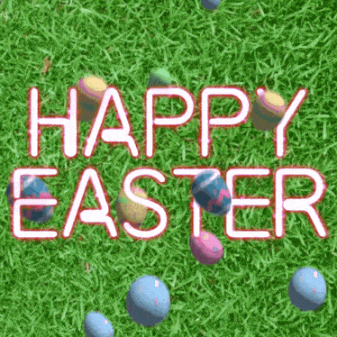 easter eggs are floating in the grass and the words happy easter are displayed