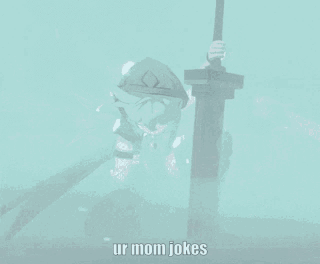 a cartoon character holding a sword with the words ur mom jokes written below it