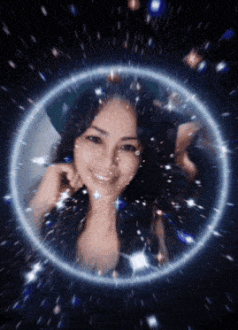 a woman in a hat is surrounded by stars