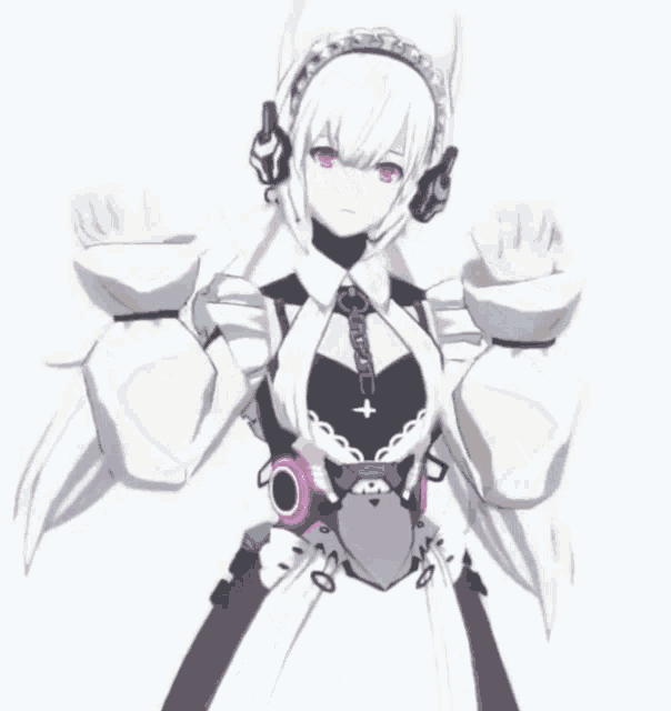 a girl with white hair is wearing headphones and a purple circle around her waist