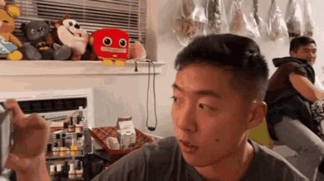 a man in a room with stuffed animals on a window sill