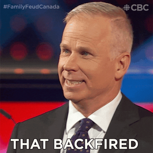 a man in a suit and tie with the words that backfired on his face
