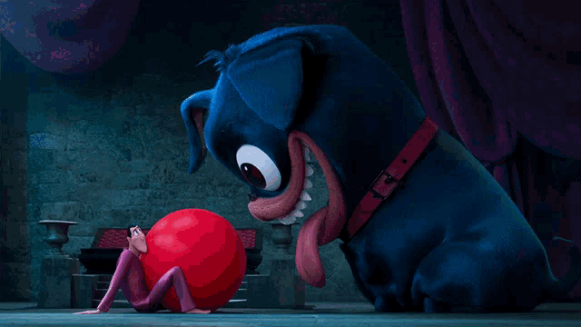 a cartoon character is standing next to a giant red ball