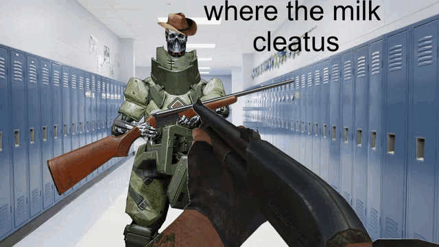 a robot holding a shotgun in a hallway with the words where the milk cleatus above it