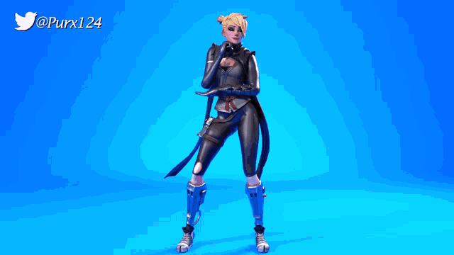 a woman in a video game standing in front of a blue background with purx124 written on it