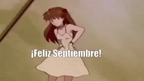 a cartoon girl in a white dress is dancing and pointing at the words feliz septiembre .