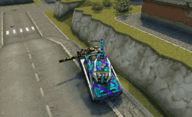 a purple and blue tank is driving down a street