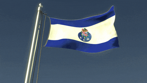 a blue and white flag with a coat of arms in the center