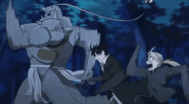 a man and a robot are fighting in a forest .