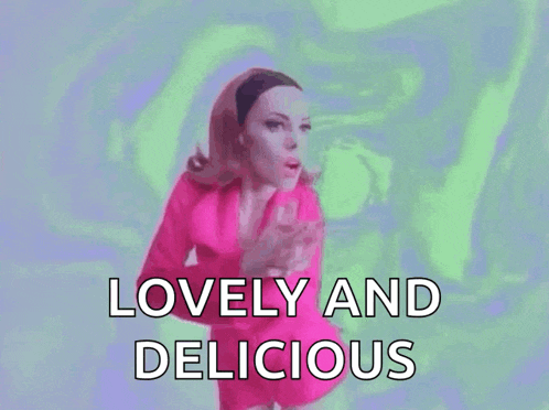 a woman in a pink dress is dancing with the words `` lovely and delicious '' .