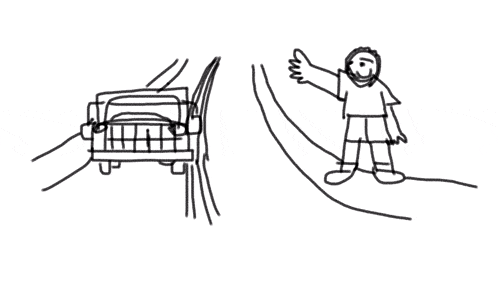 a black and white drawing of a car and a man waving