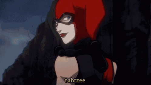 harley quinn is holding a bat and the word yahtzee is on the bottom