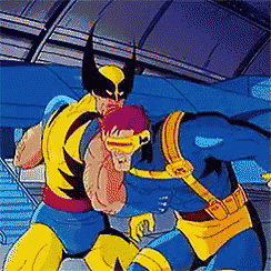 a cartoon of wolverine and cyclops are fighting each other