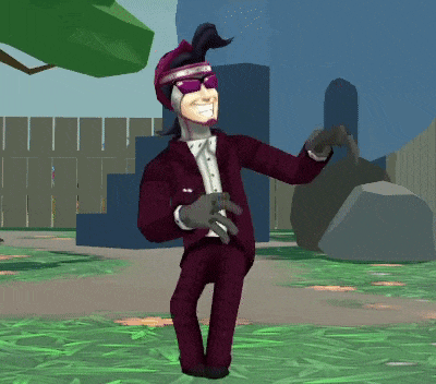 a cartoon character in a purple suit and sunglasses is dancing