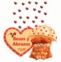 a couple of teddy bears holding umbrellas next to a heart that says besos y abrazos