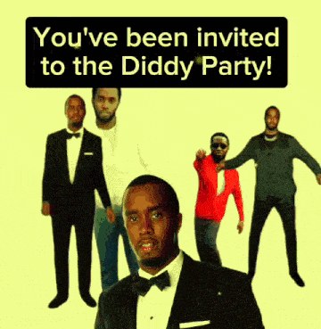 a poster that says you 've been invited to the diddy party with a man in a suit