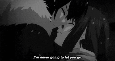 a black and white drawing of a man and a woman kissing with the words `` i 'm never going to let you go ''