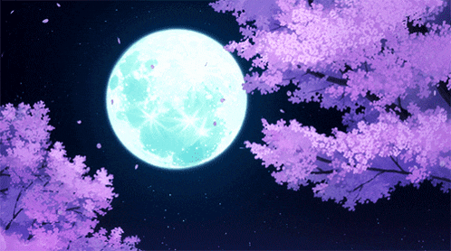 a full moon is surrounded by purple flowers